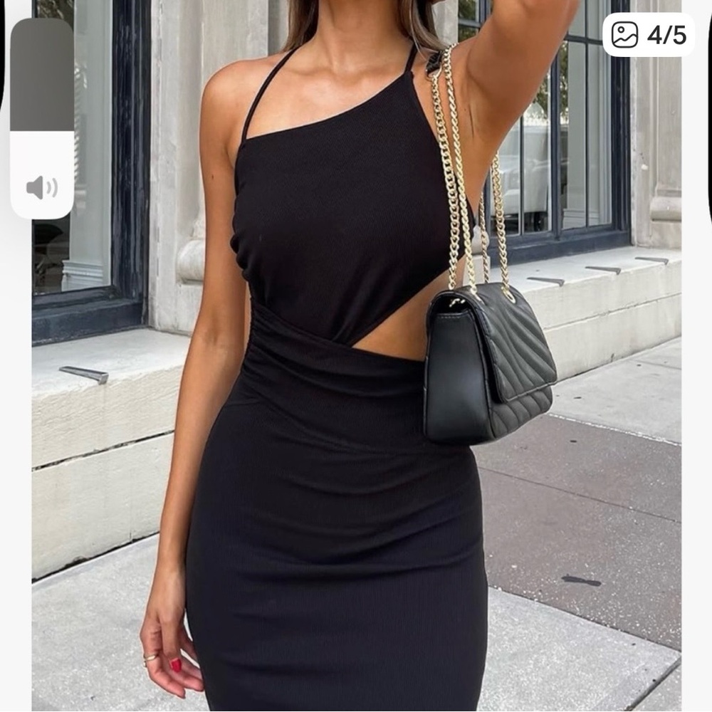 One-Shoulder Black Midi Skirt with Tie Waist